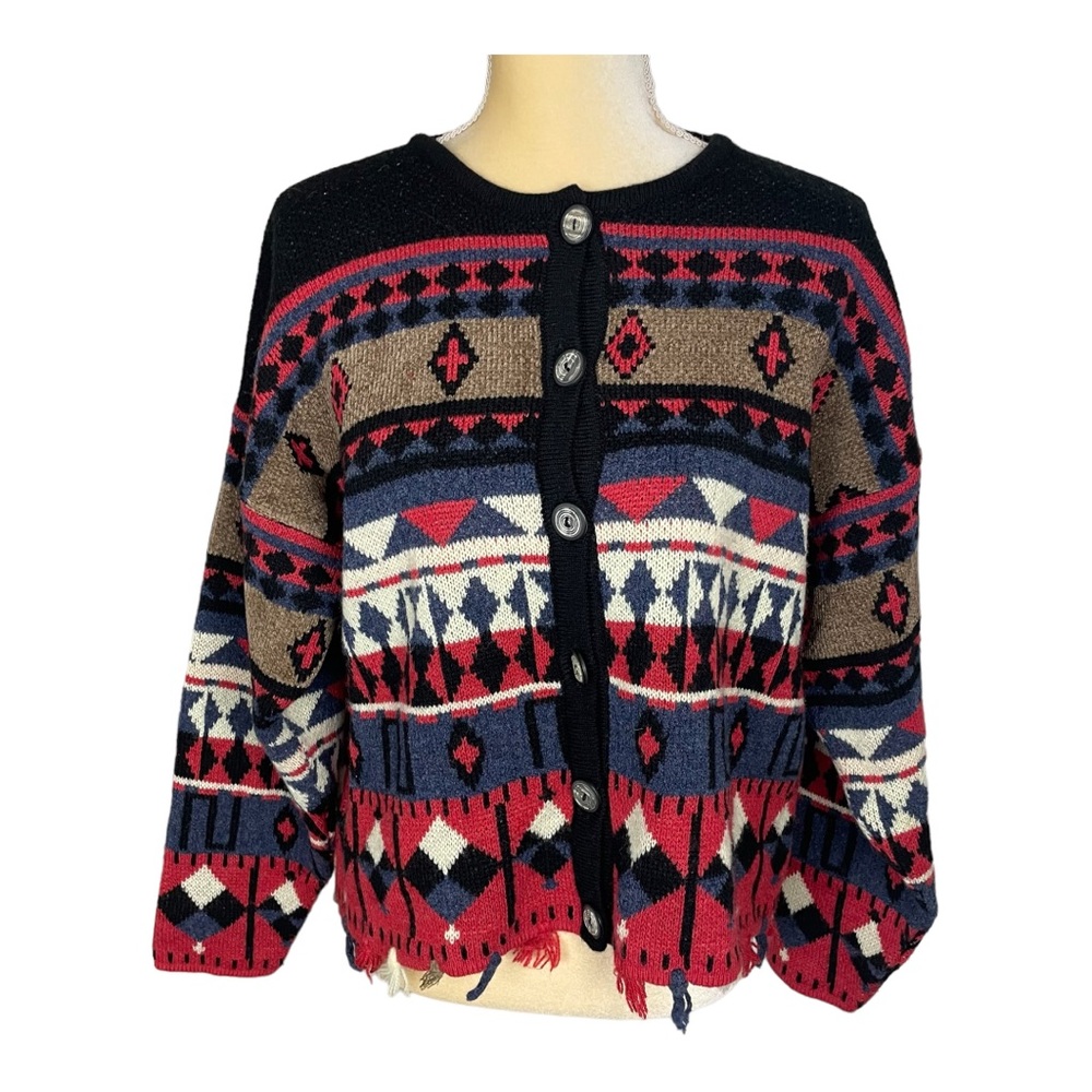 Donna Maurizio Aztec Western Wool Fringe Tassel Sweater Size Large